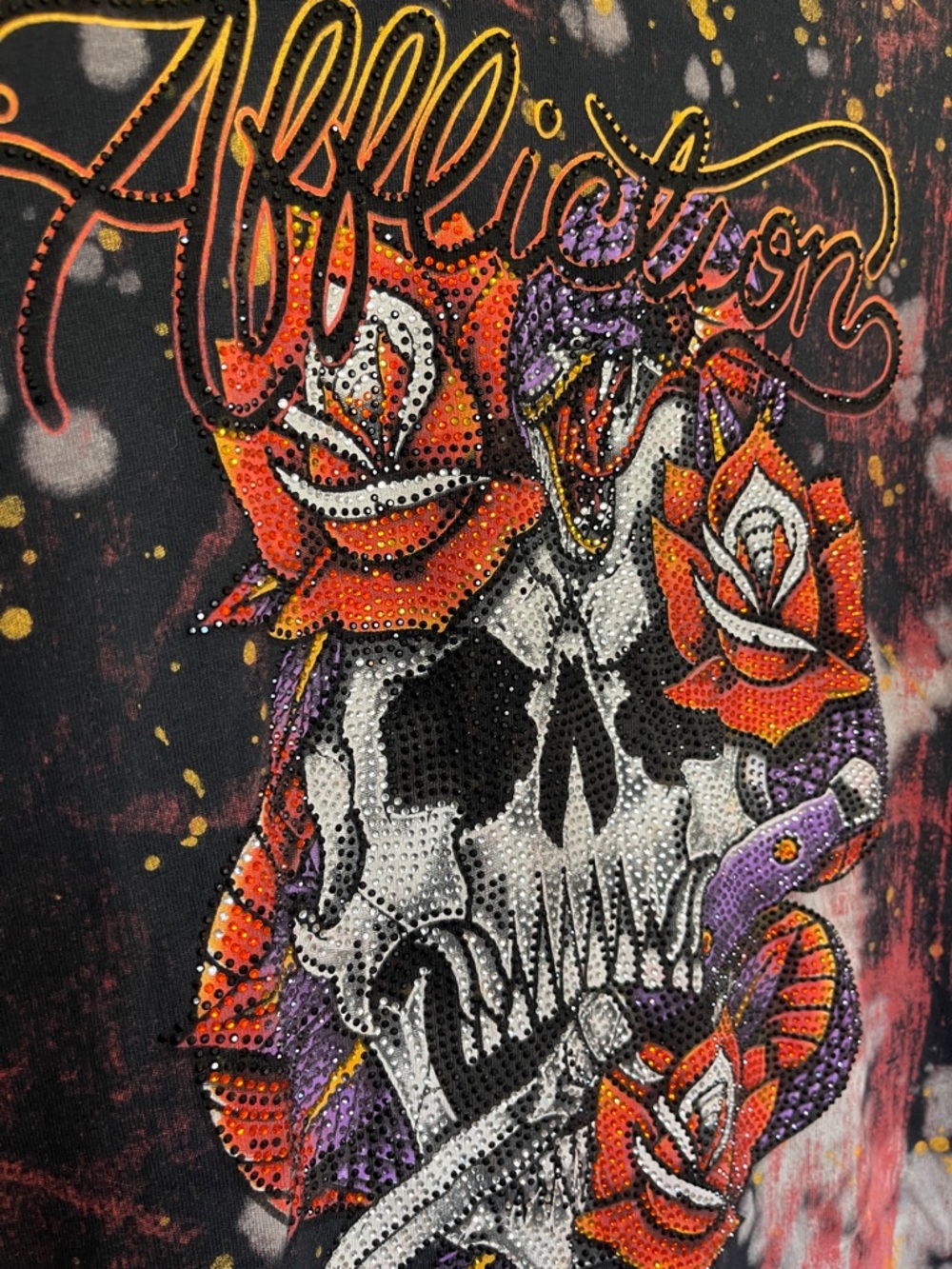 Affliction Black Label Skull Rose Rhinestone Tee Small Gothic Y2K